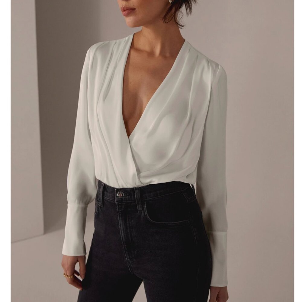 NWT Favorite Daughter The Date Blouse Satin Bodysuit White Off White - Picture 3 of 9